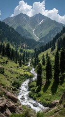 Mountain Valley Scenery With River And Trees