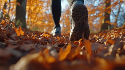 Person walking on vibrant autumn leaves in forest, low angle view of running shoes on fall foliage path during seasonal activity