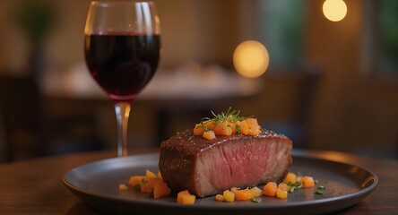 Gourmet beef steak with red wine and garnish on a plate