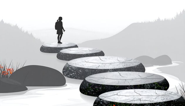 Person Standing on Stepping Stone Looking at Path Ahead.