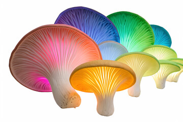 Vibrant array of illuminated mushrooms showcasing a stunning spectrum of colors against a white background, evoking a sense of wonder
