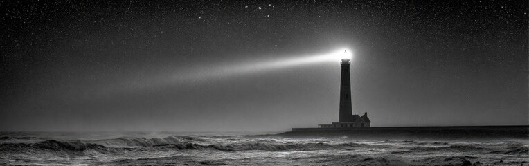Lighthouse Shining On Night Sky With Stars