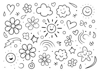 Charming line art collection featuring a cute child flower cloud and heart elements for whimsical designs