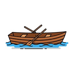 Fototapeta premium Lake day, Wooden rowboat with oars floating on a calm lake, a simple vector illustration for summer vacation and outdoor recreation concepts