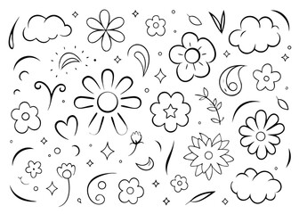 Charming hand drawn illustration of a young child enjoying a sunny summer day with flowers and a fluffy cloud