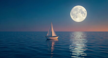 Sailboat on calm ocean under a large full moon at twilight