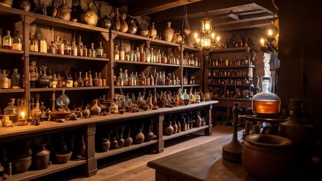 Medieval apothecary filled with jars