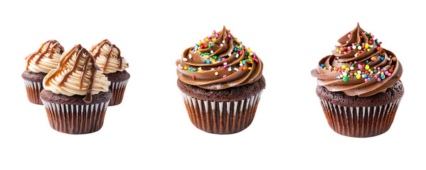 Collection of cupcakes with smooth frosting and a delicate drizzle of caramel. full length isolate on transparent background