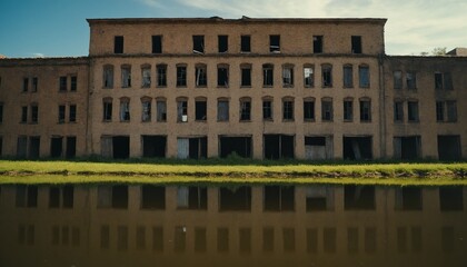 Abandoned Multi-Story Building with Broken Windows and Reflective Water in Urban Decay Scene