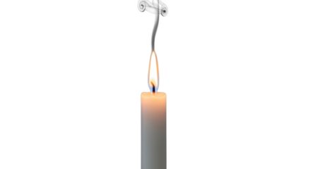 A lone white candle burns brightly with a wispy trail of smoke rising from the flame against a stark black background