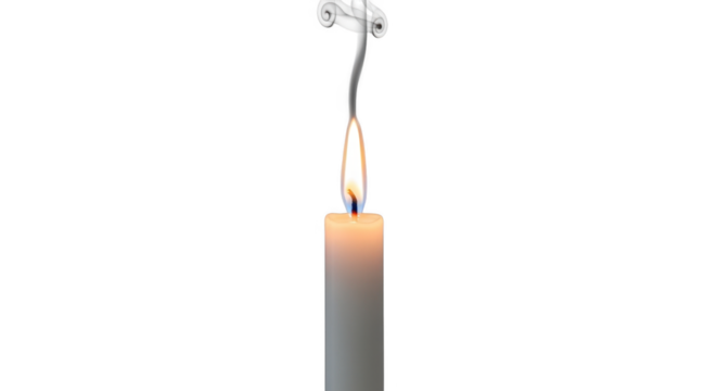 A lone white candle burns brightly with a wispy trail of smoke rising from the flame against a stark black background - Powered by Adobe