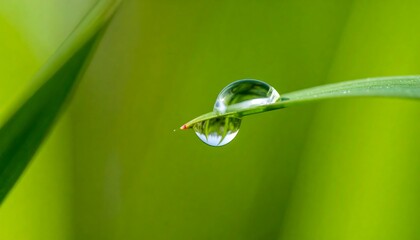 Dewdrop clinging to a blade of grass, reflecting the green surroundings