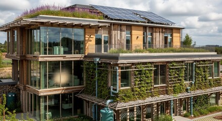 Obraz premium Modern environmental office building with green roof and solar panels