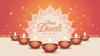 Naklejka premium Celebrate Happy Diwali with glowing diya lamps and festive mandala patterns, ideal for vibrant holiday greeting cards and social media promotions