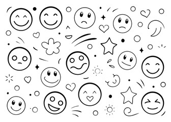 Charming hand drawn doodle emoji face collection featuring expressive characters in a whimsical sketch style