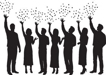 Silhouettes of Celebrating People with Arms Raised and Confetti Toss