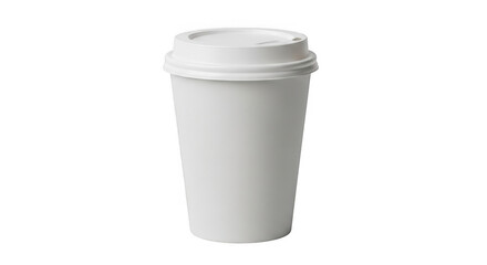 A tall plain white disposable paper coffee cup with a matching white lid is shown against a black background in a studio shot