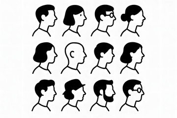 Fototapeta premium People Profile Illustrations: A collection of illustrated head profiles, each showcasing unique hairstyles and features.