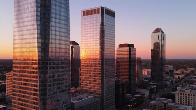 Drone Footage of Modern City Skyline at Sunset