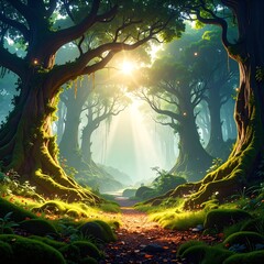 A lush forest teeming with a diverse array of tall trees, vibrant green plants, and underbrush, creating a serene and vibrant natural habitat.