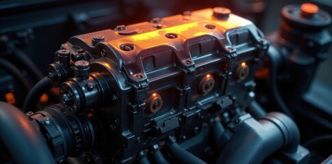 Fototapeta premium Polished engine block, intense light highlights, background, engine