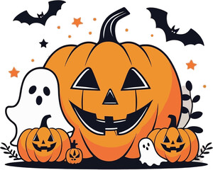 Halloween scene with pumpkins, ghosts, stars, and bats, perfect for spooky seasonal designs, party invitations, and social media posts.