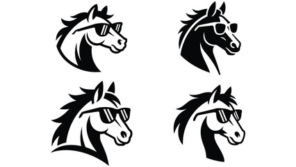 Horse head with sunglasses set of vector icons 
