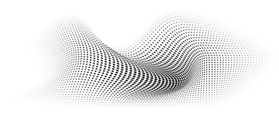 Fototapeta premium Flowing Wave Dot Halftone Pattern: Curve Gradient Shape on Transparent Background. Suitable for AI, Tech, Network, Digital, Science, and Technology Themes