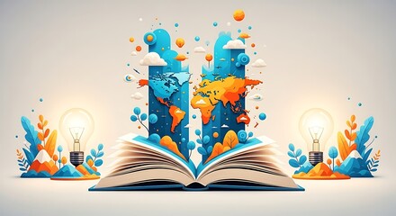 Open Book Reveals World Map with Illuminated Ideas
