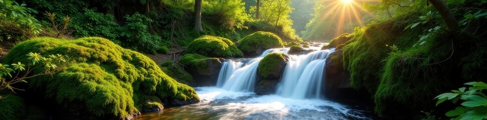 Obraz premium Sunlit waterfall cascades over moss-covered rocks in lush green forest , autumn, detail