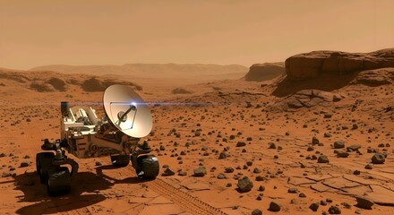 Mars rover with large antenna, surrounded by rocks, in a barren, reddish landscape under a hazy sky, conveying exploration and desolation, AI Generated.