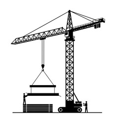 A powerful construction crane efficiently lifts heavy building materials with the assistance of two diligent workers, symbolizing industrial development and urban growth.