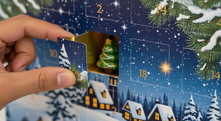 Hand opens advent calendar revealing festive Christmas tree chocolate surprise winter holiday celebration