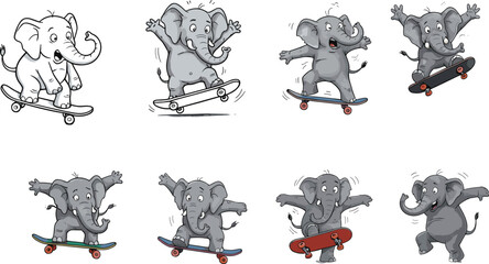 Funny cartoon elephants skateboarding, playful animal characters in motion, vector illustration of cute elephants riding skateboards, energetic sport concept.