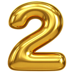 Shiny gold balloon shaped as the number two with a smooth, reflective surface and rounded edges, giving a festive and celebratory appearance