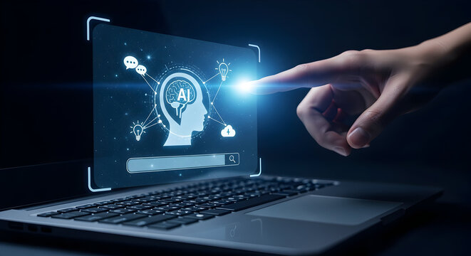 Modern laptop interface with AI brain icon and finger touching screen, technology concept