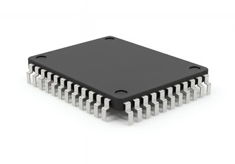 Modern black microchip processor with silver pins on a clean white background, essential tech component