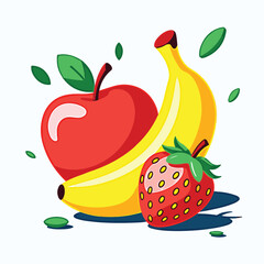 Vibrant Apple, Banana, and Strawberry Illustration with Green Leaves