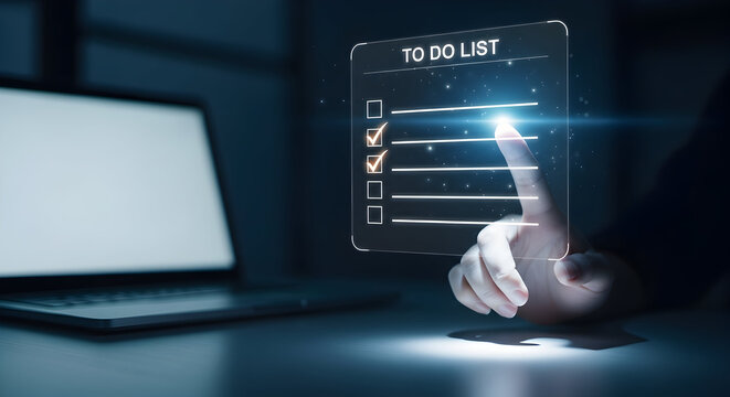 Hand interacting with a digital to-do list, planning, productivity, and technology concept
