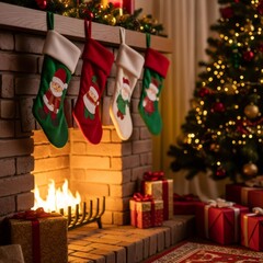 Christmas stockings hanging on a brick fireplace mantel with a burning fire and wrapped gifts, festive holiday setup