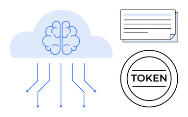 Brain inside cloud with connecting lines, token for digital access, layered documents. Ideal for AI, cloud technology, data security, knowledge sharing, automation blockchain innovation. Minimal