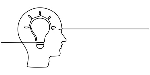 Continuous line art drawn head with lightbulb. Create idea concept. Insight symbol. Vector illustration isolated on white. 