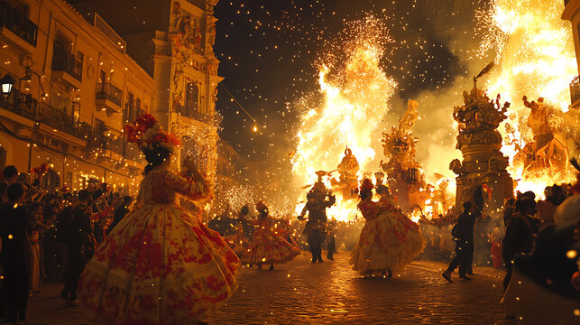 Twilight Las Fallas Festival in Valencia, Spain with flaming bonfires and pyrotechnics illuminating the night sky, crowds cheering, dancers performing on streets filled with colorful ninots.