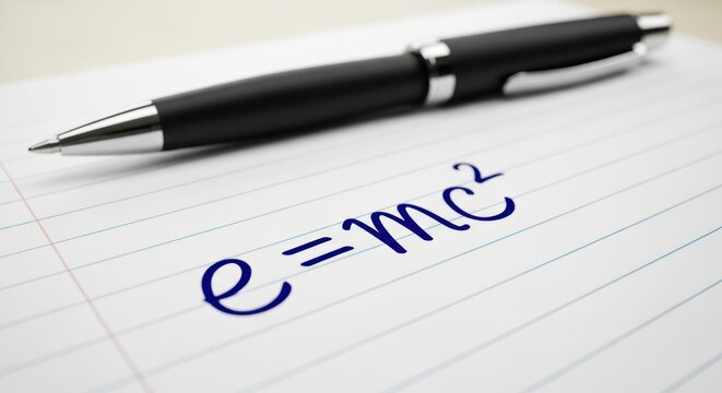 A pen and paper with the equation e = mc^2 written on it.
