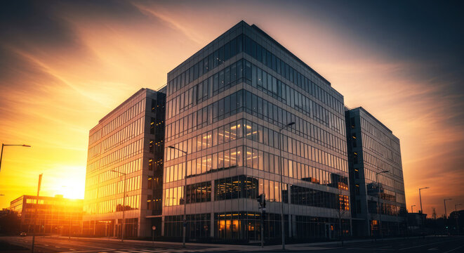 Two modern glass office buildings with reflective windows at sunset.