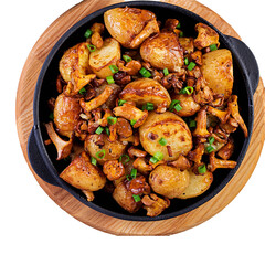 Delicious Roasted Potatoes with Chanterelle Mushrooms in a Cast Iron Pan. A close-up view of roasted potatoes and chanterelle mushrooms, cooked in a cast iron pan.