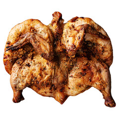 Perfectly Roasted Spiced Chicken, Ready to Serve. A whole roasted chicken, seasoned with herbs and spices, is presented against a pure transparent background.
