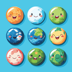 Set Earth cute character cartoon planet greet jump love run sing smile face happy joy emotions vector illustration