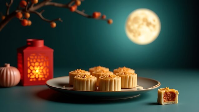 Golden mooncakes and a luminous red lantern glow softly under a full moon, evoking the serene beauty and cherished traditions of an autumnal celebration