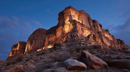 Rocky peak illuminated at twilight